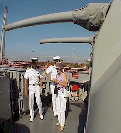 Inga Schilling aboard the Nicholas Bravo under the guns